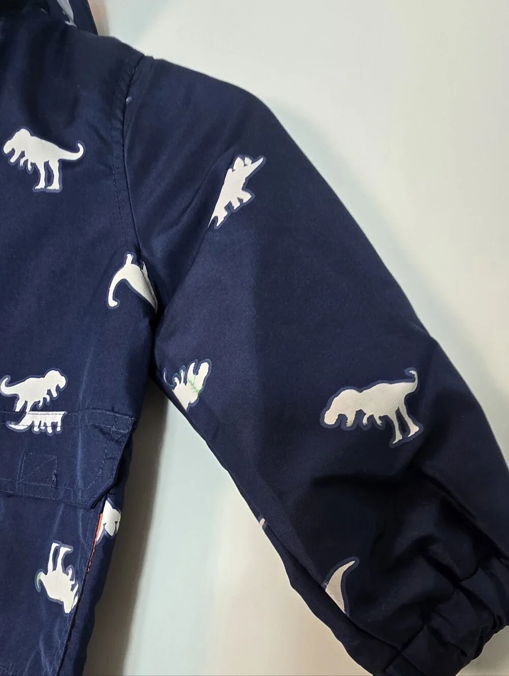 Carter's Navy Hooded Raincoat with Orange Lining and White Dino Print